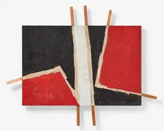 Farbfeldbild by Adolf Luther, 1958, Öl auf Hartfaser, Holzlatten, sold Jun 2025