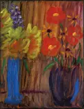 Großes Stillleben: Blumenstillleben mit zwei Vasen by Alexej von Jawlensky, 1936, Öl auf Karton mit Leinenprägung, sold Jun 2025