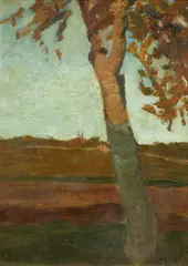Birke vor Herbstlandschaft by Paula Modersohn-Becker, 1899, Öl auf Karton, sold Jun 2025