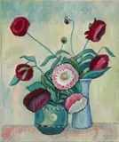 Gabriele Münter, "Rote Dahlien", 1946, Öl auf Leinwand