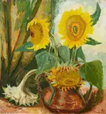 Otto Dix, Sonnenblumen im Krug, 1947, Öl auf Pressspan