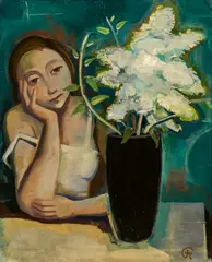 Karl Hofer, "Mädchen am Tisch mit Vase", 1930, Öl auf Leinwand