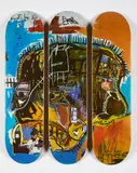 Jean-Michel Basquiat, Ohne Titel (Skull), 2019, Jeweils: Farboffset auf Skateboard-Deck. Mit Wandaufhängung und Tragetasche