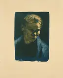 Käthe Kollwitz, Brustbild einer Arbeiterfrau mit blauem Tuch, 1903, Farblithografie auf Velin