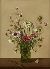 Herbert Böttger, Zarter Blumenstrauß in Stangenglas, 1948, Öl auf Leinwand