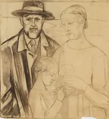 Rudolf Schiestl, Selbstporträt des Künstlers mit seiner Familie, 1928, Kohlezeichnung auf Papier