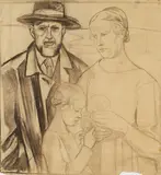 Rudolf Schiestl, Selbstporträt des Künstlers mit seiner Familie, 1928, Kohlezeichnung auf Papier