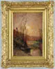 François-Auguste Ravier, Impressionistic Landscape, Oil on panel impressionistic landscape shows sun shining through wispy trees and what appears to be a canal with boat