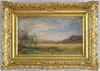 François-Auguste Ravier, Landscape Under Blue Sky, Watercolor scene shows purple hills under blue sky with golden pastures and wispy trees