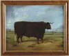 James Clark, Portrait of a Prize Bull, Oil on board shows large brown steer facing right in pasture landscape