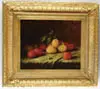 Adrienne Mols, Still Life with Plums, Oil on oak panel still life shows seven yellow plums and six red plums arranged on a green tablecloth