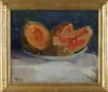 Achille Funi, Nature Morta Col Melone, Oil on board still life shows different types of cut melons resting in a shallow white bowl on a white tablecloth