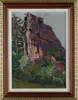 Max Kahrer, The Rock Outcropping, Oil on board scene shows large rock outcropping surrounded by green trees and bushes
