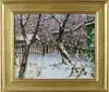 Sergei Danilowich Dumenko, Crimean Winter, Oil on canvas winter scene shows fenced backyard with trees and houses behind a vertical slat fence