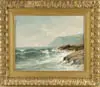 Edward E. Burrill, Black Head, Monhegan Island, Oil on canvas scene shows two sailboats off large cliff known as Black Head. Waves come on shore against rock ledges