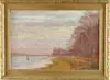 Francis J. Flanagan, Colorful Landscape with Water and Boat, Oil on canvas scene shows lake scene with small boat. Wonderful sky colors with yellows, pinks and blues
