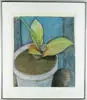 Paiement, White with Blue with Green, Colored drawing on paper shows a potted plant on a blue background