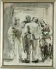 Anne Poor, Soldier Returning from Over Seas, Mixed media, watercolor and sketch shows four soldiers in uniform standing outside a doorway marked “Debarkation”