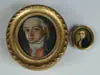Unsigned, Two Oval Miniatures, 1) Oil on canvas miniature portrait of a white haired man in blue coat, red shirt and white collar. Extremely well done