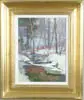 Winter Stream by Michael Graves, Oil on canvas winter scene shows snow banked stream through light woods, offered Aug 2004