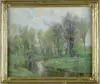 Olive Parker Black, Spring Landscape, Fine oil on canvas landscape shows a winding brook through tree lined and grassy banks. Blue and white cloud sky