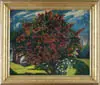 Louise Upton Brumback, Red Flowering Tree, Oil on canvas scene shows backyard with large red flowering tree and green grass under a blue and white sky