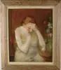Josef Foshko, Regina, Oil on canvas portrait of a young woman with head in hands seated next to stand with vase of flowers