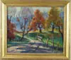Marie Listz, Study of Fall Colors, Oil on canvas scene shows several large trees in different fall colors lining a dirt road with fence