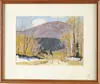 Joseph Harry Wheater, New England Landscape, Watercolor on paper scene shows large mountain as backdrop to dirt road lined with yellow trees