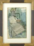 Jean Dufy, Femme Assise (Mme Dufy), Watercolor portrait of a seated woman wearing a greenish/gray dress with striped blouse, against a blue/green background