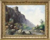 Leonard Moore Davis, California Landscape, Oil on canvas western scene shows a line of tall cliffs ending in a river with boulder banks lined with small trees