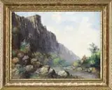 Leonard Moore Davis, California Landscape, Oil on canvas western scene shows a line of tall cliffs ending in a river with boulder banks lined with small trees