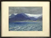 Harold Broadfield Warren, Jagged Mountain Shoreline, Watercolor scene shows a view toward shoreline blue mountains with snow covered mountains beyond under black sky