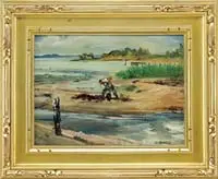 Cecil Crosley Bell, Digging Clams, Oil on masonite shoreline scene shows a man digging clams in a tidal flat with point of land beyond with house
