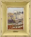 Roy Brown, Overlooking Paris, Oil on wood panel shows a view looking across a river towards multi-story buildings under a blue sky