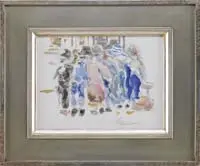 Rear View by Andre Gisson, Watercolor scene shows six figure facing away from viewer in colorful clothes, offered Feb 2011