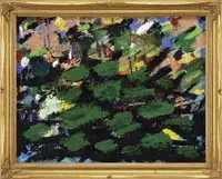 Lily Pond by Suzanne Eisendieck, Oil on canvas modernist view of a lily pond with large green leaf pads and colorful flowers, offered Feb 2011