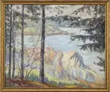 Theodore M. Dillaway, Peter’s Island, Damariscotta River Me, 1934, Oil on canvas scene of looking through trees onto water having rocky shoreline