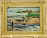 Cecil Crosley Bell, Digging Clams, Oil on masonite shoreline scene shows a man digging clams in a tidal flat with point of land beyond with house