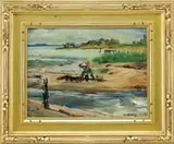 Cecil Crosley Bell, Digging Clams, Oil on masonite shoreline scene shows a man digging clams in a tidal flat with point of land beyond with house