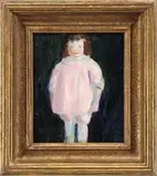 Robert Henri, Girl in Pink, Oil on board portrait of a young girl with brown hair dressed in a pink and white outfit