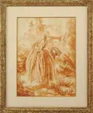 Everett Shinn, The Courtship, Sanguine on paper scene shows a well costumed man and woman frolicking in a classical setting