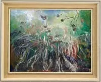 Simon Lissim, Nature Abstract, Oil on canvasboard abstract scene shows natural elements in colors of white, blue, red and green