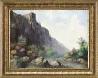 Leonard Moore Davis, California Landscape, Oil on canvas western scene shows a line of tall cliffs ending in a river with boulder banks lined with small trees