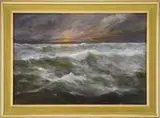 Angel Espoy, Seascape Sunset, Oil on canvas marine scene shows white tipped waves under cloudy skies with setting sun casting colorful hues