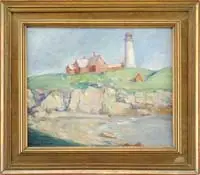 Summer Lighthouse by Walter Farndon, Oil on canvasboard scene shows a tall white lighthouse with connected red buildings atop grass covered coastline rocks, offered Aug 2010