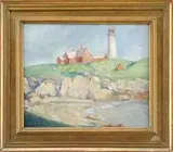 Walter Farndon, Summer Lighthouse, Oil on canvasboard scene shows a tall white lighthouse with connected red buildings atop grass covered coastline rocks