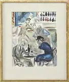 At the Bar by George Grosz, Mixed media watercolor and graphite scene shows the interior of a lounge with bar, waiter, bartender and customers, offered Aug 2010