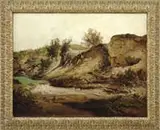 Ivan Ivanovitch Shishkin, The Dry Riverbank, Oil on canvas landscape scene shows a cutaway riverbank with sand, grass and small bushes