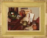Dean Cornwell, Studio Interior, Oil on board scene of the artist’s studio with various props, frames and table